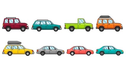 Fototapeta premium Assortment of Colorful Cartoon Vehicles Featuring Cars SUVs and a Pickup Truck Vector Illustration