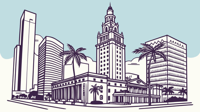 Miami skyline featuring the iconic freedom tower, palm trees, and stunning architecture suitable for travel magazines, blogs, websites, and tourism promotions.