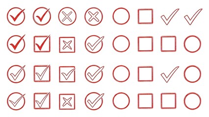 Diverse grid of handcrafted check marks crosses circles and squares conveying decisions and