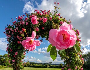 Pink roses climb an arch under a blue sky with fluffy clouds, framing a soft green landscape in the distance
