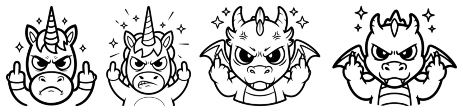 Angry cartoon unicorn and dragon characters showing middle finger gesture in line art style