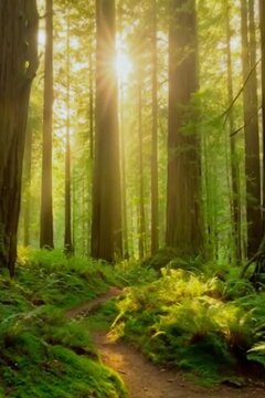 Sunlight Through Lush Green Forest With Natural Path