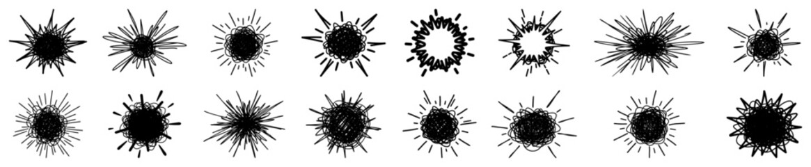 Collection of messy hand drawn scribbled sunbursts and ink splash star shapes