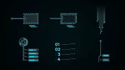 Futuristic HUD interface elements on dark background with various graphical symbols
