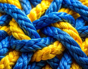 Intertwined blue and yellow ropes, creating complex patterns