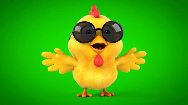 A cheerful cartoon chick wearing sunglasses against a vibrant green backdrop.