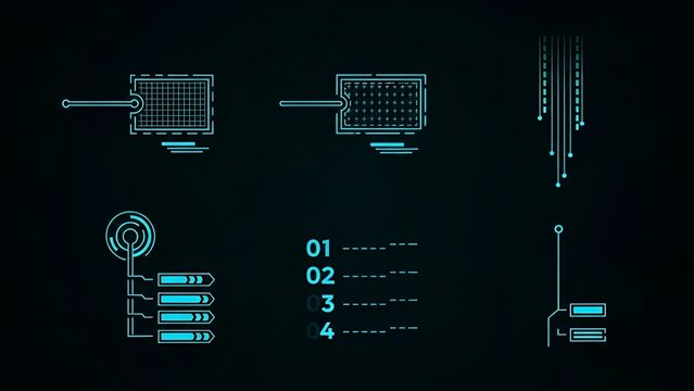 Futuristic HUD interface elements on dark background with various graphical symbols - Powered by Adobe