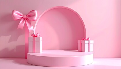 Pink scene with round stage, gifts, and bow, softly lit with shadows, creating a sweet, dreamy vibe