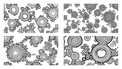 Four horizontal panels with abstract circular organic patterns resembling minerals or microscopic cells in vector