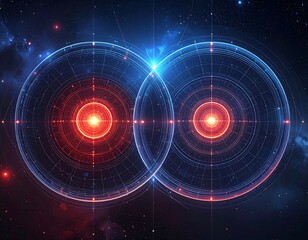 Intertwined cosmic orbs glow red and blue against a nebulae-filled dark starfield, resembling celestial portals