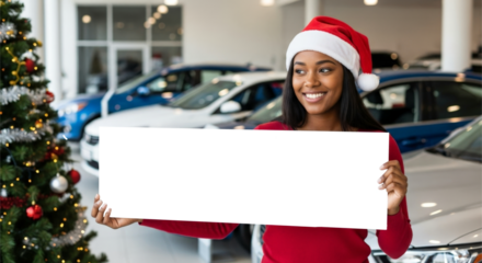 Smiling woman in Santa hat holding blank sign in car showroom
