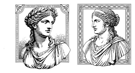 Classical portraits of ancient Greek women in ornate frames drawn in a vintage engraving style