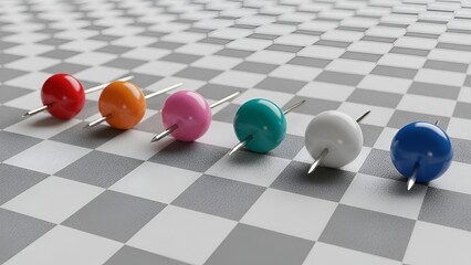 Vibrant assortment of push pins arranged on a checkered surface offering a playful visual