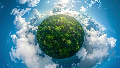 Lush, green forest globe floats among swirling clouds under a bright, shining sun in a serene, surreal landscape