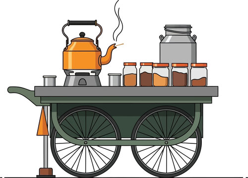 Colorful Vector Illustration of Indian Street Chai Tea Vendor Cart (Chai Wala Thela): Illustration of a green tea cart with a kettle, jars, and cups on a white background.