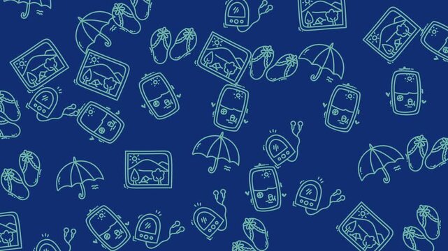 holiday pattern summer items pattern including umbrellas, flipflops, backpacks. Suitable for summerthemed designs, travel, vacation, and lifestyle concepts. 