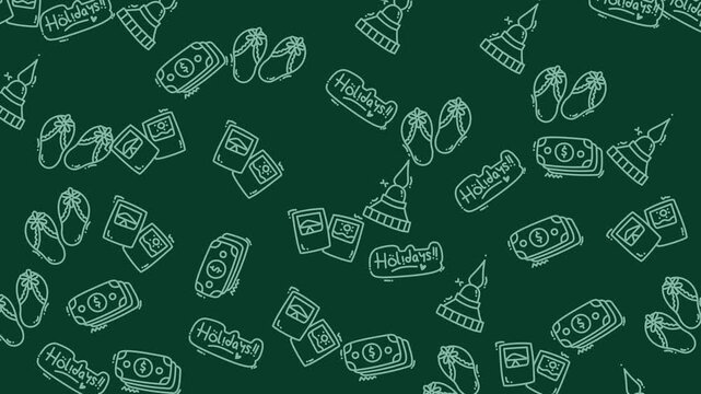 holiday pattern summer features money, slippers, drinks, and tropical symbols. Suitable for holiday summer theme,travel blogs, vacation promotions, financial concept designs, and summerthemed content.