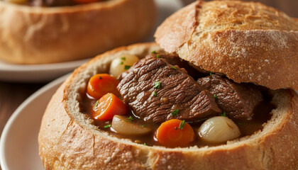 Hearty beef stew served in bread bowl