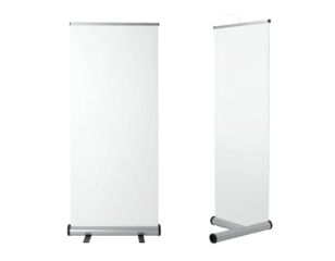 Two roll-up banners, plain white, displayed front and side view on a black background