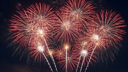 Obraz premium Vibrant fireworks exploding in night sky with bright red and white sparks