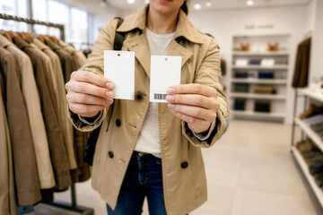 Woman comparing blank price tags in a modern clothing store. AI generated