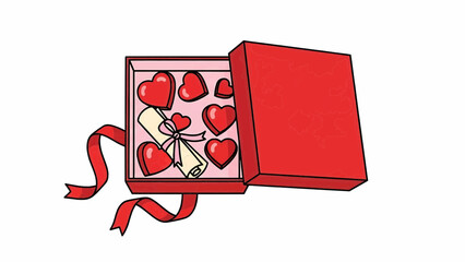 A red gift box with hearts and ribbon on a white background