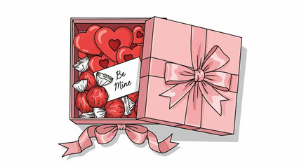 A pink gift box filled with heart-shaped chocolates and a ribbon, symbolizing love and affection on a special occasion.