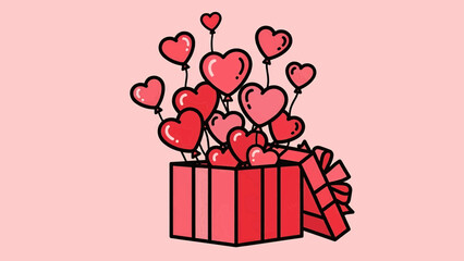 A beautifully wrapped gift box overflowing with red hearts on a soft pink background