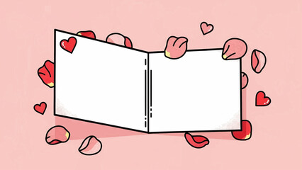 A romantic illustration of an open book surrounded by hearts and rose petals on a soft pink background