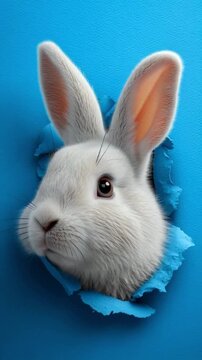 Osterhase schaut aus Loch in blauer Wand