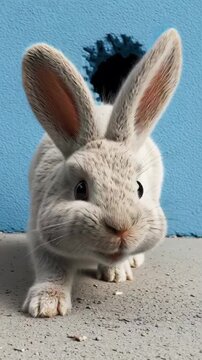 Osterhase schaut aus Loch in blauer Wand