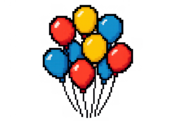 Bunch of colorful pixel art balloons floating, celebrating party event with retro game style on transparent background