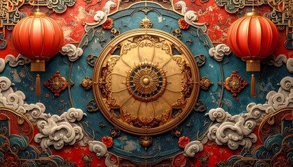Intricate backdrop golden circle, lanterns, stylized clouds, red & blue
