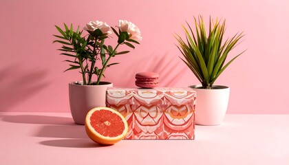 Pink tabletop scene with plants, citrus, and sweets, bathed in light with soft shadows on a rosy background