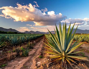 Agave field under a vibrant sunset with distant mountain range
