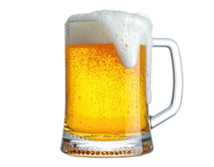 A close-up studio shot of a frothy mug of amber-colored, chilled alcoholic beverage