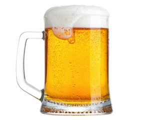 A clear glass mug filled with golden amber liquid and topped with a frothy, white head