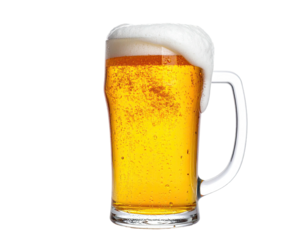 A tall glass mug filled with golden, bubbly liquid and topped with a frothy white head
