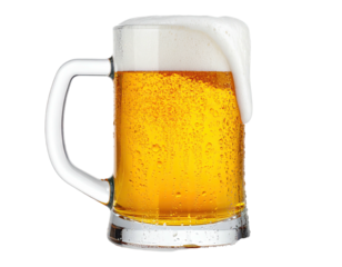 A close-up view of a large, full mug of light amber beer with a thick, white head