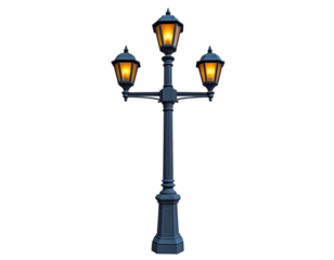 A tall, ornate lamp post with three glowing lanterns against a dark background