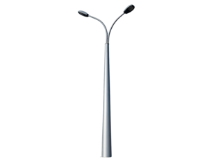 A tall, slender, silver-colored streetlight with two curved arms holding round light fixtures, black background