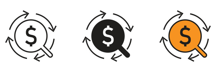 Vector icons featuring a magnifying glass with a dollar sign and circular arrows, representing financial auditing, money research, and investigation.