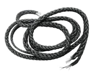 Black rope coiled in a loop on a transparent background, textured and frayed ends
