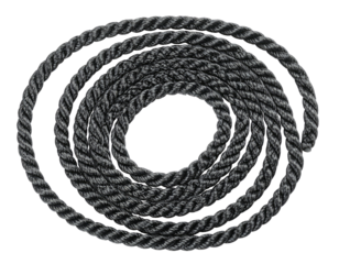Black coiled rope isolated on a transparent background, perfect for various creative uses