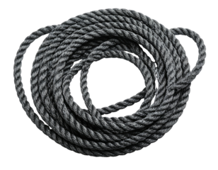 A coiled, thick rope in shades of gray, tightly wound against a stark black background