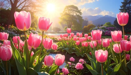 Pink tulips in a garden with mountain backdrop, bathed in sunlight creating a serene spring scene