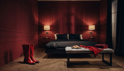 Sexy Lifestyle Bedroom Scene with Red Boots and Lingerie