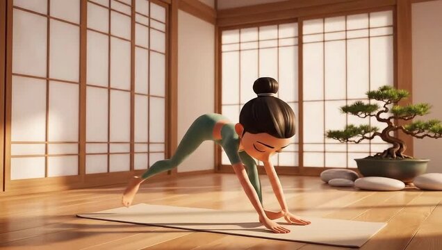 3D animated woman doing yoga in a serene Japanese-style studio with bonsai, promoting wellness and mindfulness.
