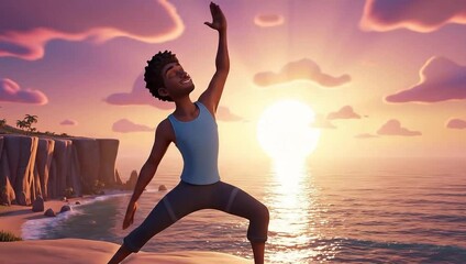Animated man doing yoga on a beach cliff at sunset, enjoying mindfulness and nature. Wellness and spiritual practice by the ocean. - Powered by Adobe