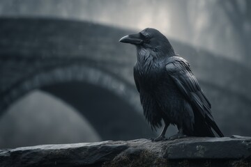 Obraz premium Cuervo negro posado sobre muro de piedra, Retrato de cuervo con plumaje detallado, Imagen para diseño editorial sobre la naturaleza oscura
